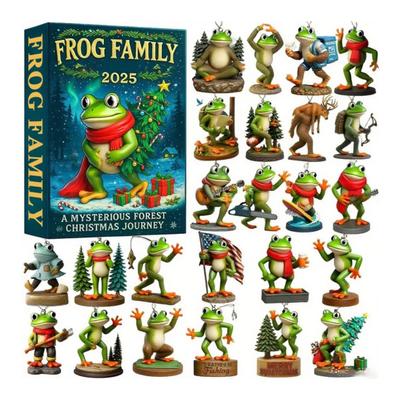 Frog Theme 2025 Christmas Advent Calendar 24 Day Countdown Box with 12 Acrylic Hanging Ornaments Xmas Tree Decorations