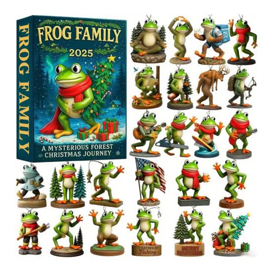 Frog Theme 2025 Christmas Advent Calendar 24 Day Countdown Box with 12 Acrylic Hanging Ornaments Xmas Tree Decorations