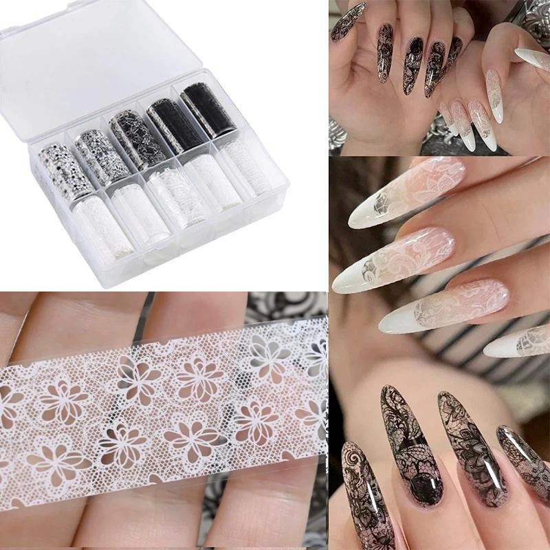Black White Red Lace Flower Nail Transfer Foils 10 Rolls DIY Nail Art Charms Manicure Decor Accessories