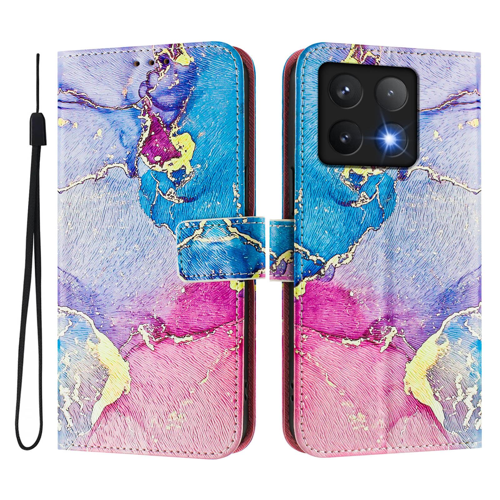 

For Xiaomi 14T Pro Case Pattern Printing Wallet Phone Cover with Strap Multicolor Marble