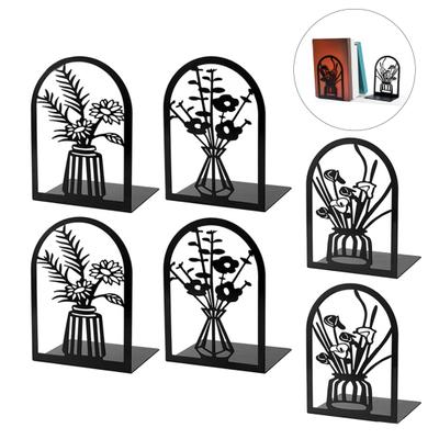 2 Stück Bücherregal-Buchstützen, hohle Blumen, geschnitztes Muster, Vase, Buchstützen, L-förmiges Design, rutschfester Buchhalter