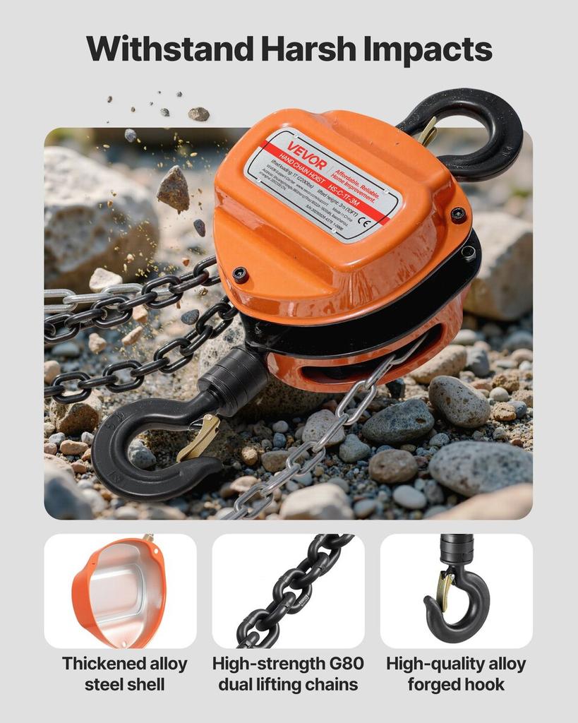 Hand Chain Hoist, 1 Ton 2200 lbs Capacity, Manual Chain Block with Upgrade G80 Galvanized Chain, 3 m Lifting Height, Heavy Duty Pulley Hoist for