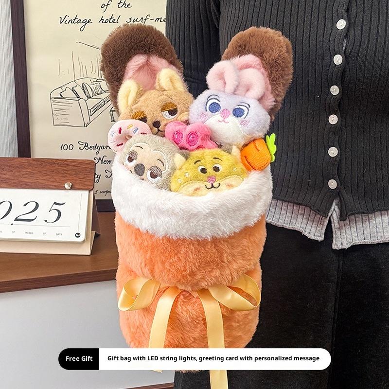 Hot Zootopia 2 Plush Flower Bouquet - Nick & Judy Stuffed Animal Doll Arrangement, Cartoon Character Gift Set, Detachable