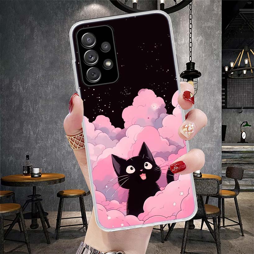 Anime Cute Black Cat Meow Phone Case For Samsung Galaxy A13 A14 A15 A16 A17 A53 A54 A55 A56 A57 A33 A34 A35 A36 A37 A23 A24 A25