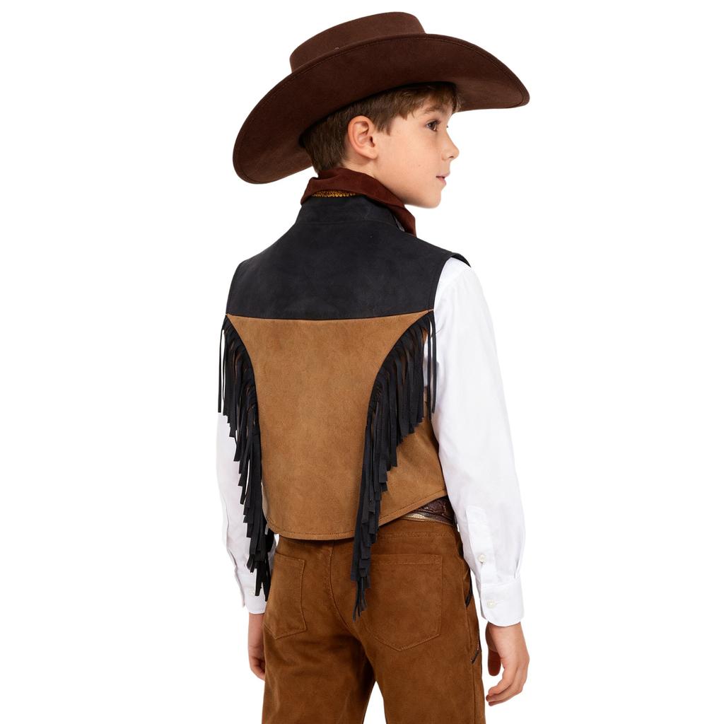 Costume da Cowgirl Western per Bambini Set Gilet Frangiato Bordatura in Nastro Dorato Bottoni a Pressione Cappello a Tesa Larga Bandana Outfit
