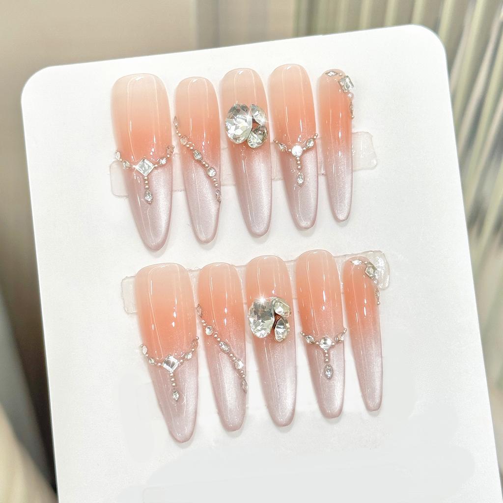 10Pcs Fake Nails Pointed Stiletto Cat Eye Gel Nail Tips for Women, Handmade False Nails with Gradient Pink Peach Design