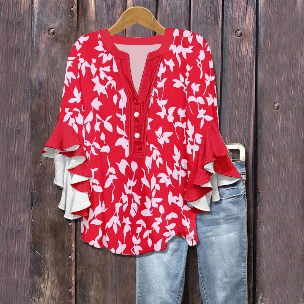 Women's Summer Tops V Neck Three-quarter Sleeves Floral Print Flowing Ruffle Sleeves Half-button Shirt