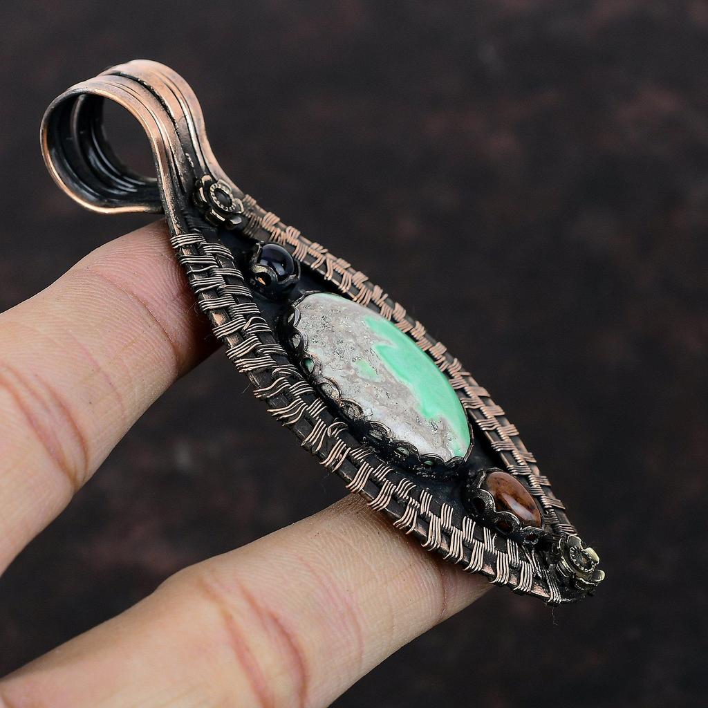Variscite Pendant Copper Wire Wrapped Pendant Mahogany Obsidian & Blue Sunstone Pendant Very Pretty Copper Jewelry Handmade Gemstone Pendant