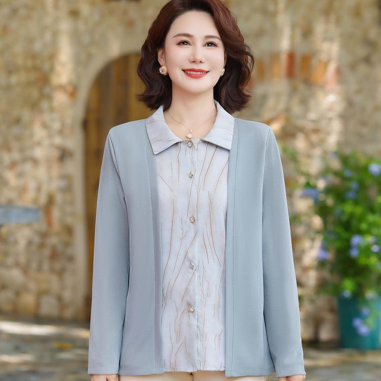 Autumn Coat Comfortable Western Style Middle-aged and Old New Joker Leisure Solid Color Mother Fake Two Shirts Shirt Cover Meat.