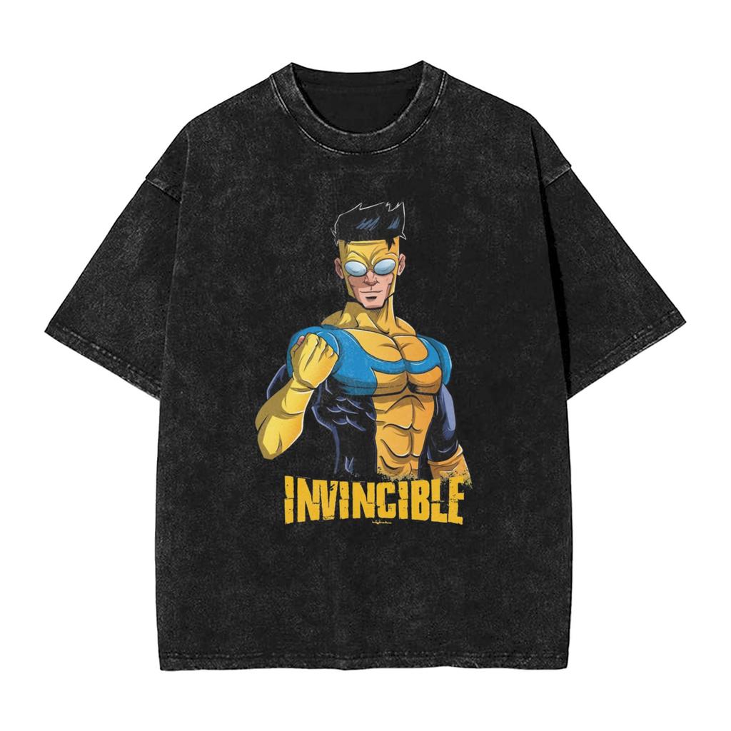Vintage Washed Oversized TShirt InvincibleSuperhero Print Cotton Casual Short Sleeve Retro Streetwear Tee for Men Women