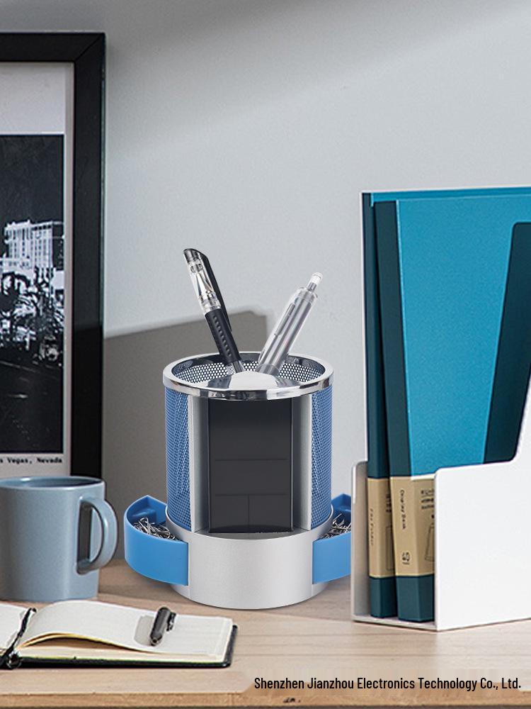 Multifunctional Metal Mesh Perpetual Calendar Pen Holder with Desktop Temperature Clock