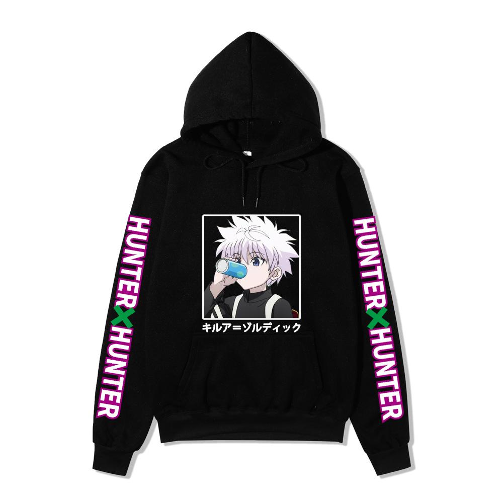 Hunter X Hunter Drinking Killua Hoodie Japanese Name Purple Letter Sleeve Anime Hooded Pullover Sweatshirt