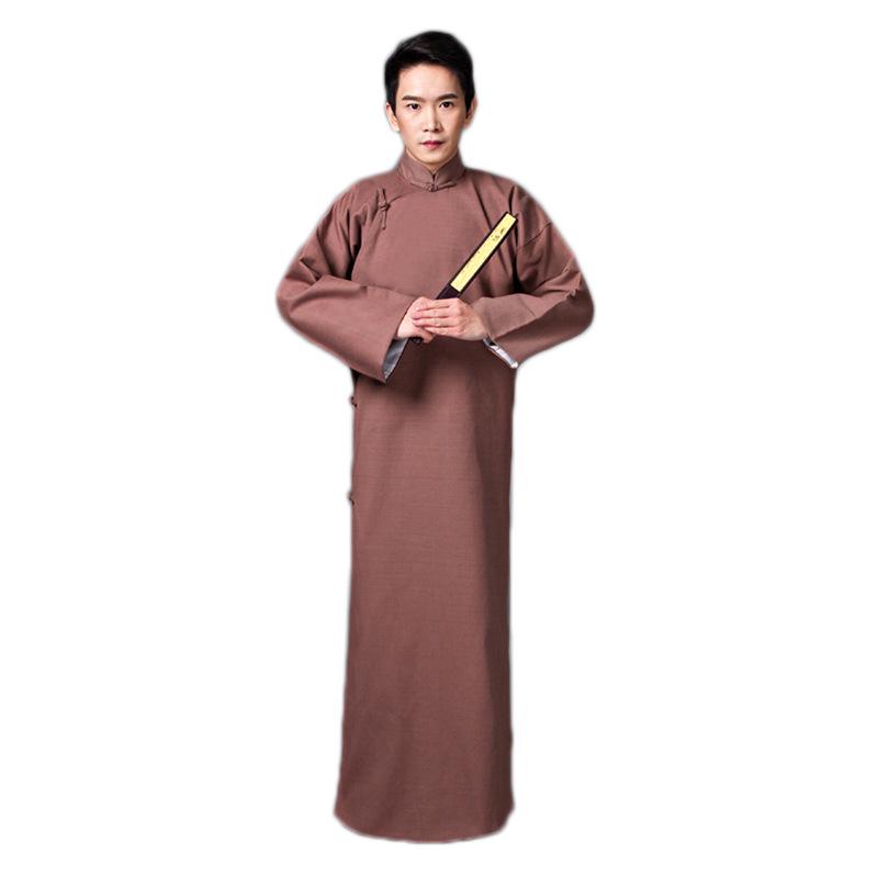 Men's Retro Mandarin Jacket: May Fourth Cotton Linen Long Robe - Chinese Style Crosstalk Performance Costume