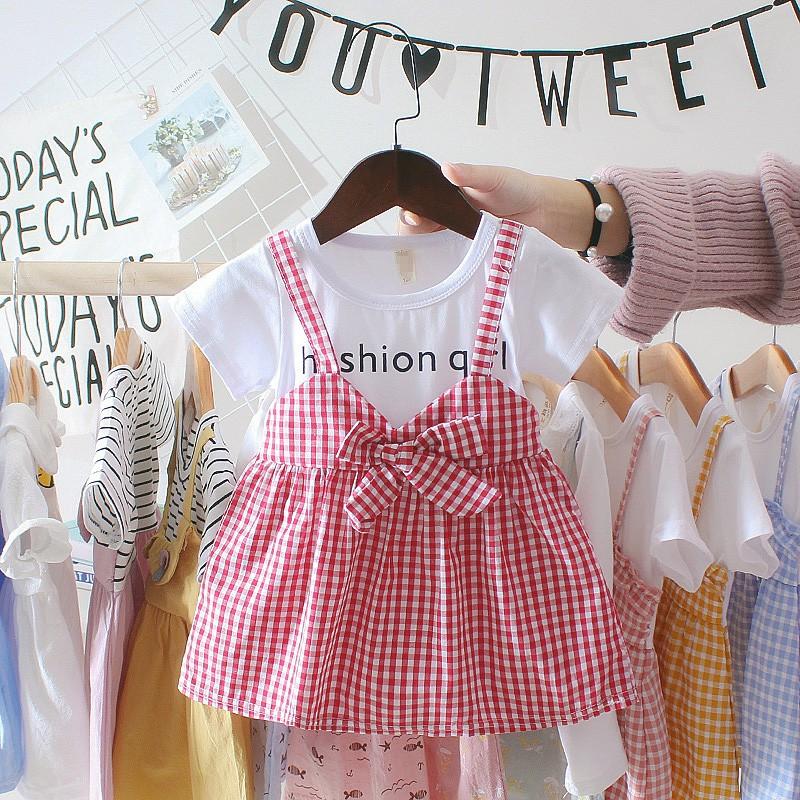 Children Summer Girls Cute Plaid Fake Two Piece Bottoming Short Sleeved Sweet Princess Dress