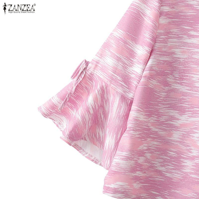ZANZEA Women Casual Round Neck Flare Sleeve Loose Print Blouse