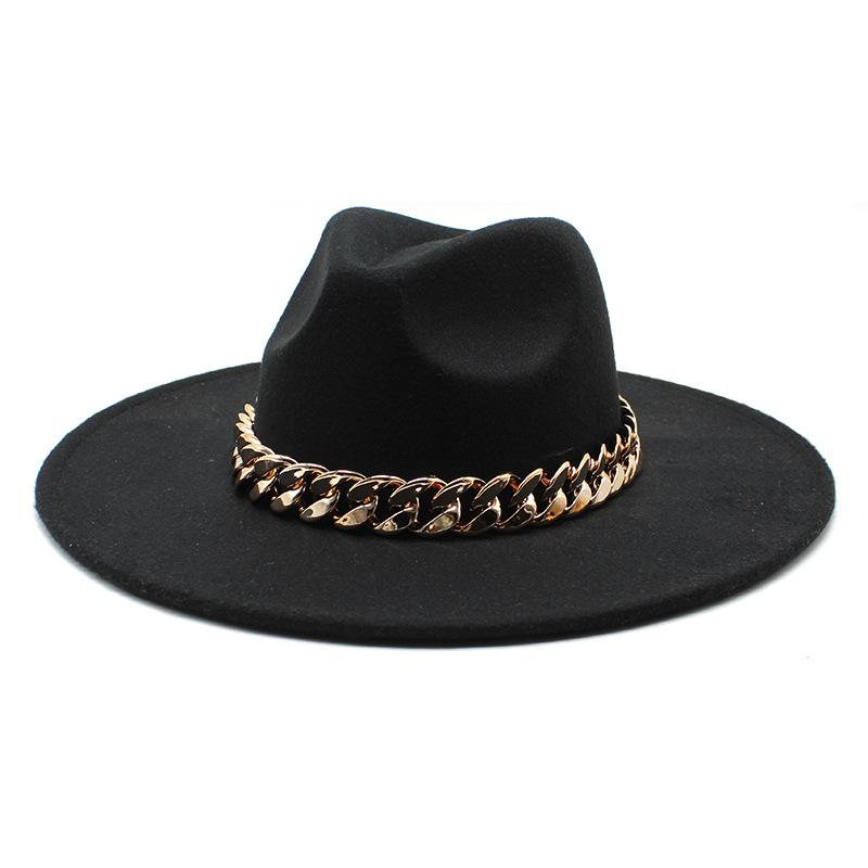 Wind Season Big Eaves Hat Thick Chain Flat Edge Top Hat Men'S And Women'S Woolen Jazz Hat Lmn177