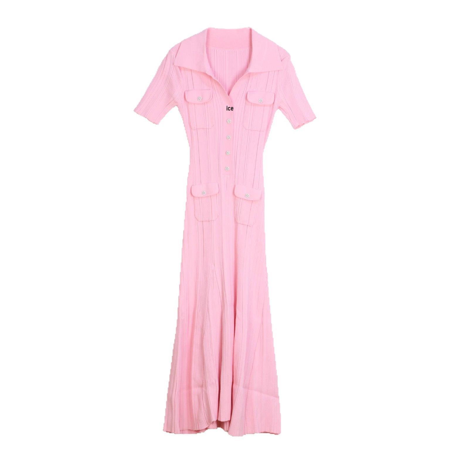 

Elegant Women s Short-Sleeve Long Knitted Polo Dress - Spring/Summer Collection Large