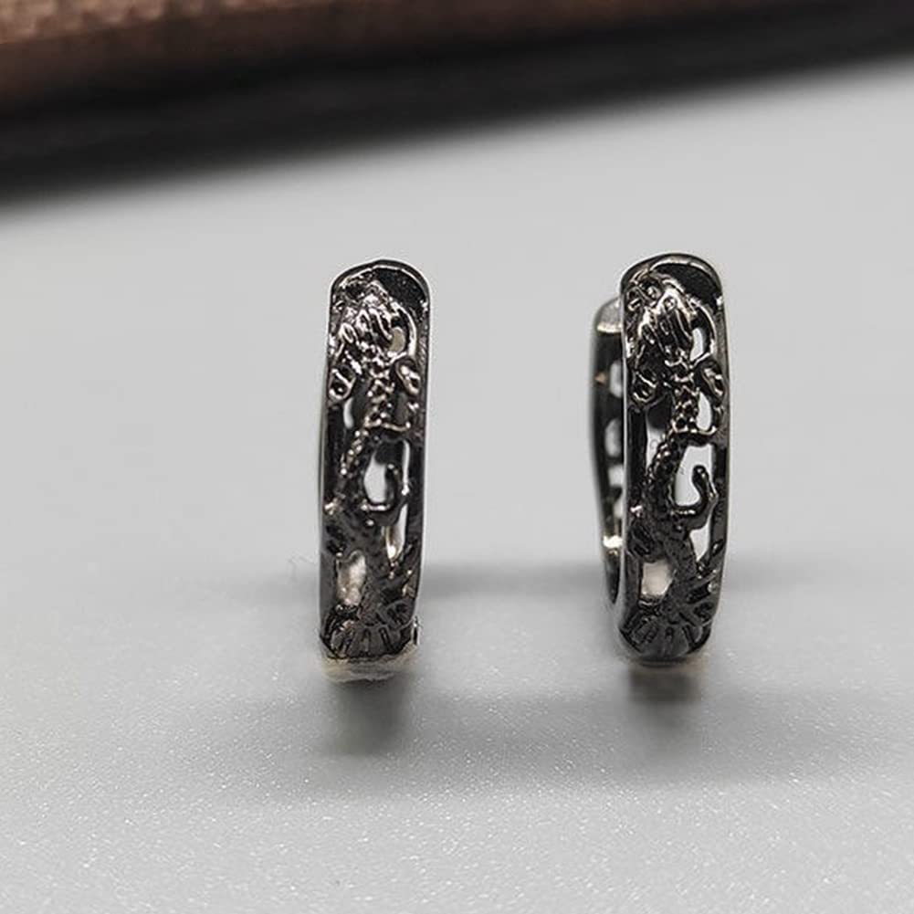Rockyu Hoop Earrings for Black Chinese Style Dragon 925 Accessories Men, Ring, Earrings, Pixiu, Silver, Hypoallergenic, Birthday, Anniversary, Party,