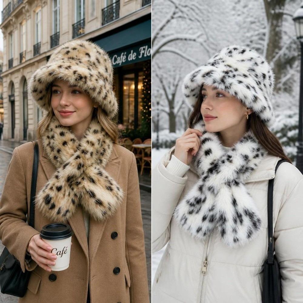 2-Piece Set Rolled Brim Faux Fur Bucket Hat Winter Head Neck Accessories  Cold Weather Outfit