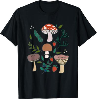 Koszulka Estetyka Cottagecore z Grzybami Botaniczny Mykologiczny Graficzny T-shirt z Grzybami dla Miłośników Roślin