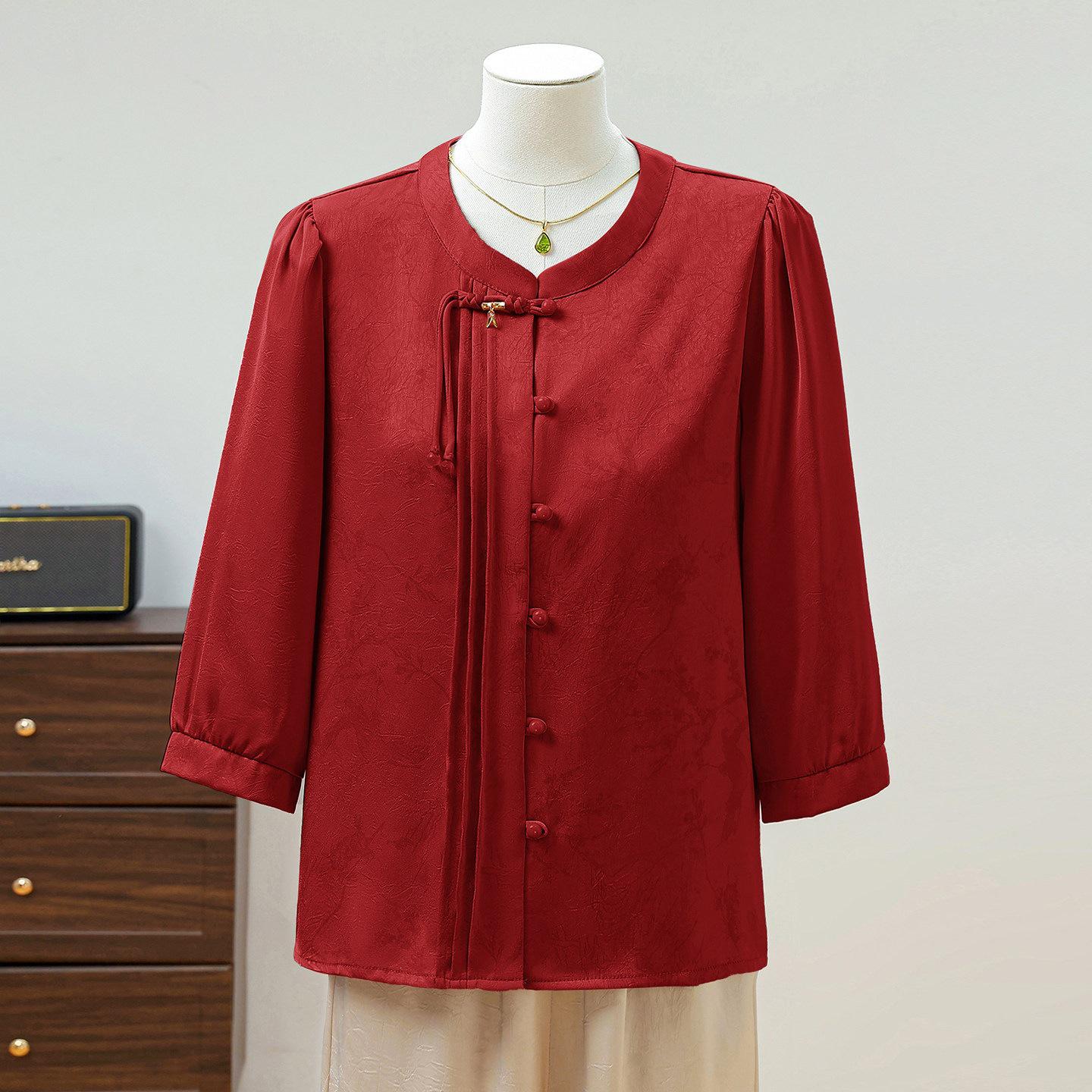 New Chinese Jacquard Seven-Sleeve Top for Spring/Summer - Stylish National Style for Mothers XL (Suggests 90-110 lbs)