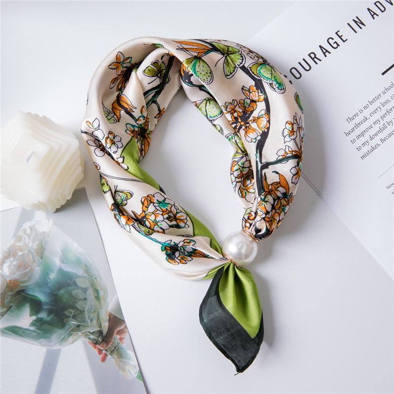 Pearl Magnetic Buckle Silk Scarf Double Square Scarf Necklace Chain Scarf Neck Pattern Small Scarf