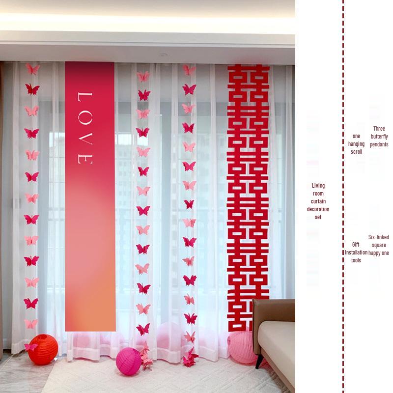 3D Butterfly Wedding Room Decoration Set: Double Happiness Curtains and Pull Flower Ornaments