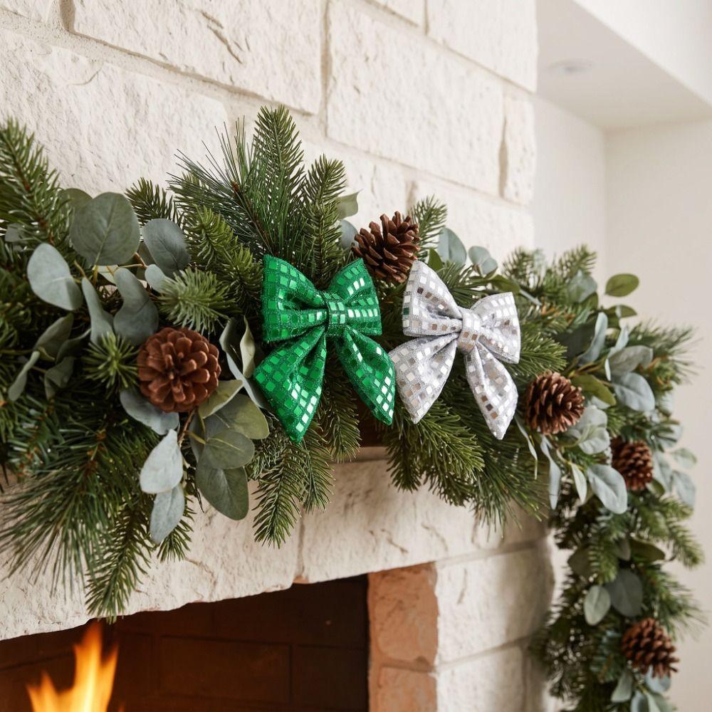 4PCS Vintage Christmas Wreaths Bow Shiny Sequined Xmas Tree Bow Decor Holiday Party