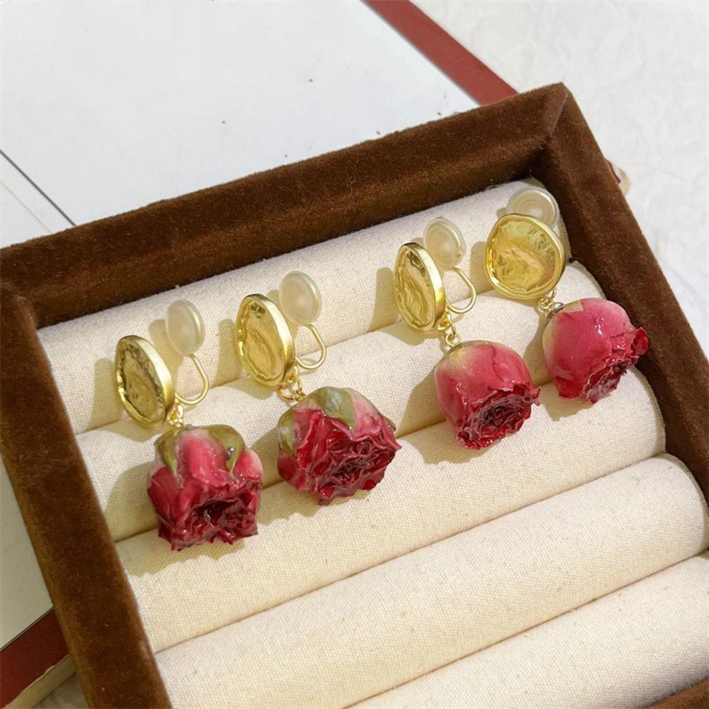 Elegant Rose Flower Ear Clip Korean Style Sweet Earrings Aesthetic Preserved Rose Earrings  Women