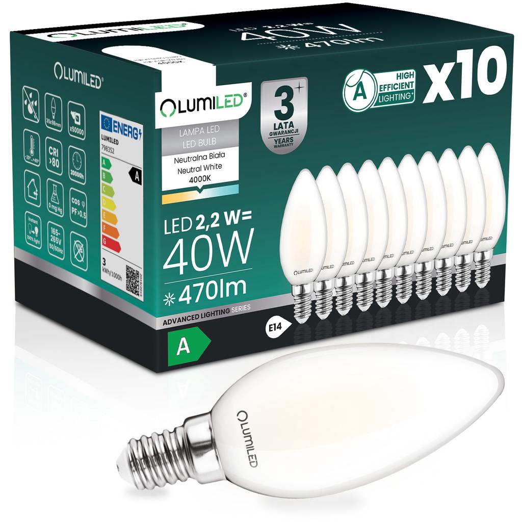 10X Led Bulb E14 Candle B35 2.2W 470Lm = 40W 4000K Neutral 360° Filament Class A Lumiled
