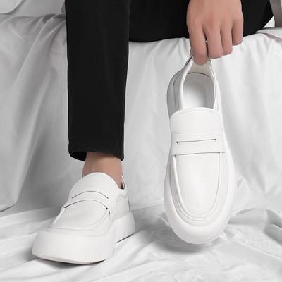 Korean Style Natural Leather Shoes for Men Fashion Business Wedding Slip-on Flats Platform Shoe Black White Loafers Man Footwear