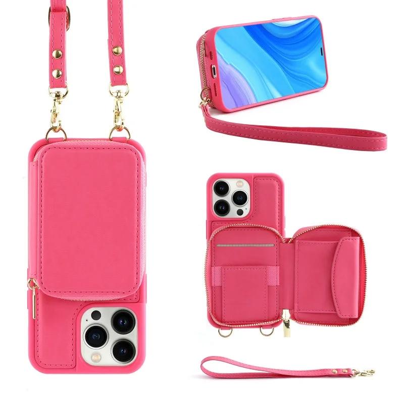 Crossbody Long Strap Leather Phone Case For iPhone 15 Pro Max 14 Plus 13 12 11 Pro Zipper Wallet Card Bag Cover with Lanyard
