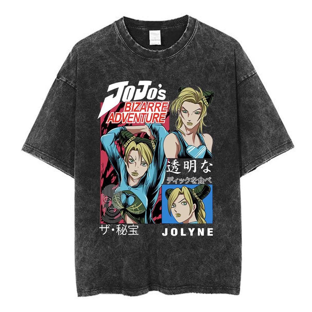 Jolyne Cujoh Stone Ocean Vintage Washed T Shirt Anime Jojo Bizarre Adventure T-shirts Casual Cotton Short Sleeve T Shirts Unisex