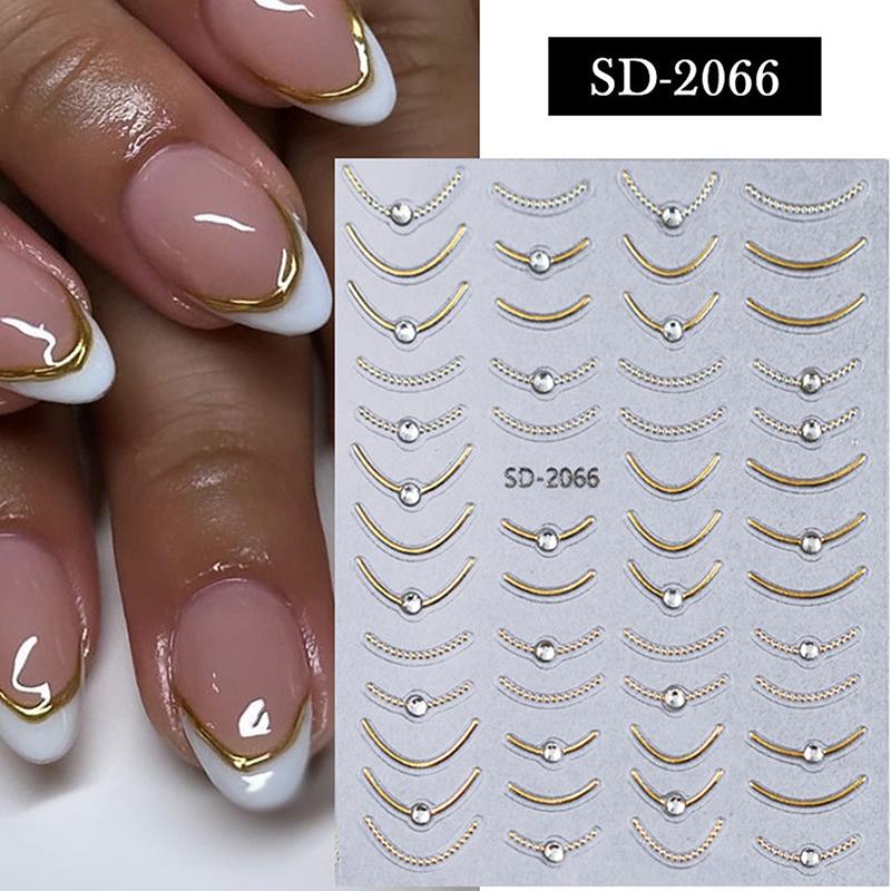 French Tips Nail Sticker 5D Embossed Crystal French Nail Decals Gold Silver Black Line Design Adhesive Slider Nails Art
