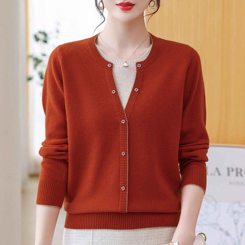 

Women s clothing autumn and winter new fake two-piece knitted sweater base loose retro temperament mother long-sleeved sweater One Size оранжевый
