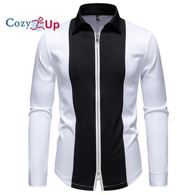 Acurrúcate Moda de Primavera Diseño de Cremallera Camisa de Hombre Bloque de Color Negro Blanco Camisas de Manga Larga Masculinas Casual Negocios Oficina Camisa de Trabajo