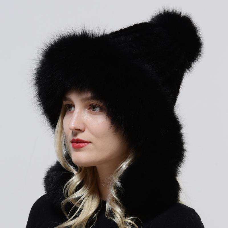 Real Mink Fur Hats Knitted Ear Cap Genuine Warm Snow Fluffy Female Fox Fur Hat Outdoor Luxury Woman Hat