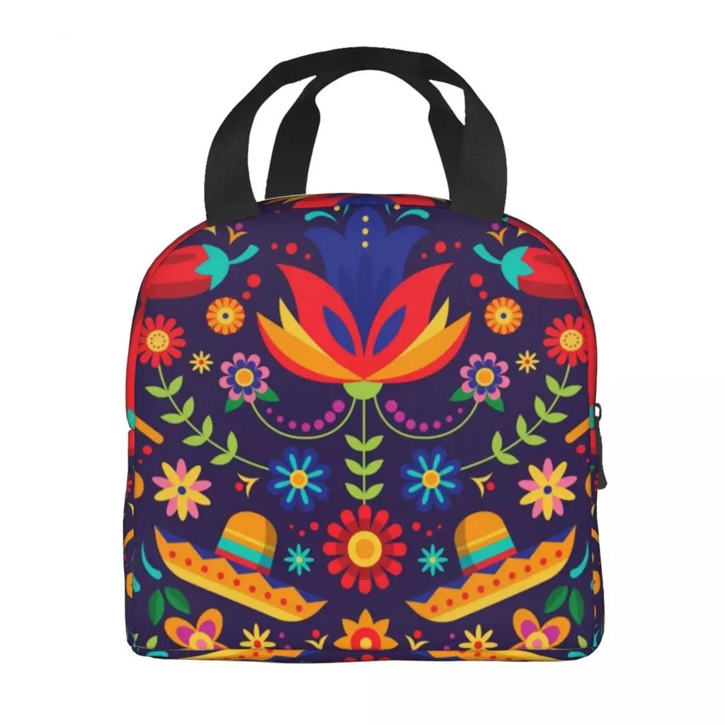 Mexican Floral Flowers Thermal Insulated Lunch Bag Women Mexico Portable Lunch Container for School Office Outdoor Food Box