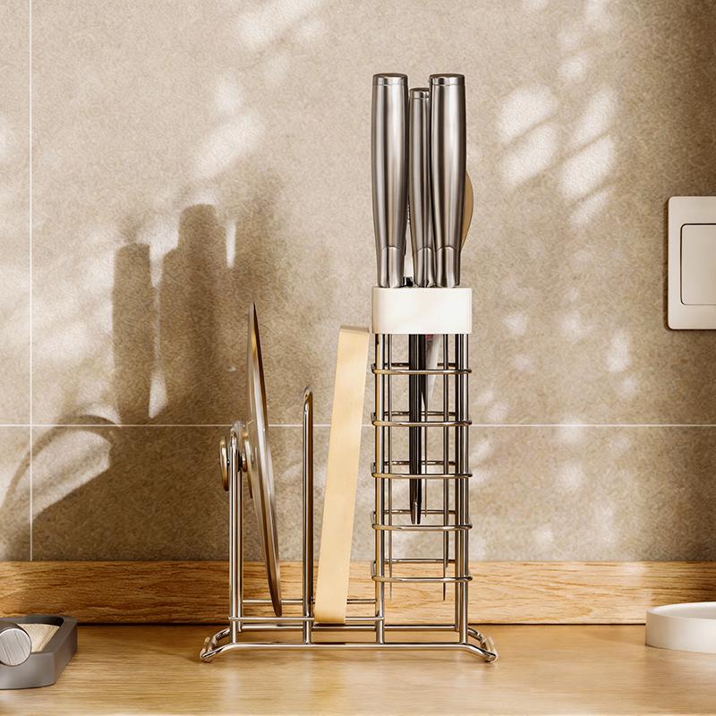304 Stainless Steel Kitchen Storage Rack with Chopstick Holder, Knife Block, and Cutting Board Storage