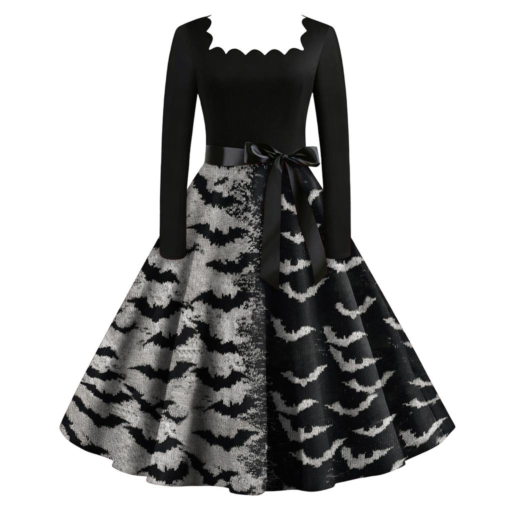 Women's Vintage Long Sleeve Square Neck Party Dress Halloween Printed Full Skirt Midi Dress with Waist Tie Belt Retro Style
