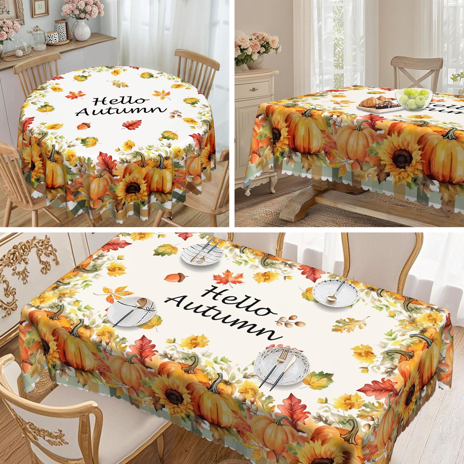 Fall Tablecloth, Pumpkin, Sunflower, Maple Leaf, Buffalo Plaid Design, Harvest Fall And Thanksgiving Decorations round tablecloth-152x152cm