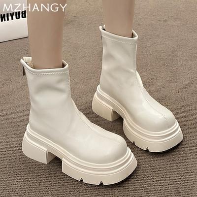Fashion Chunky Woman Ankle Boots Fashion Designer Mid Heels Leather Shoes Women 2024 Winter New Trend Walking Dress Goth Botas Mujer