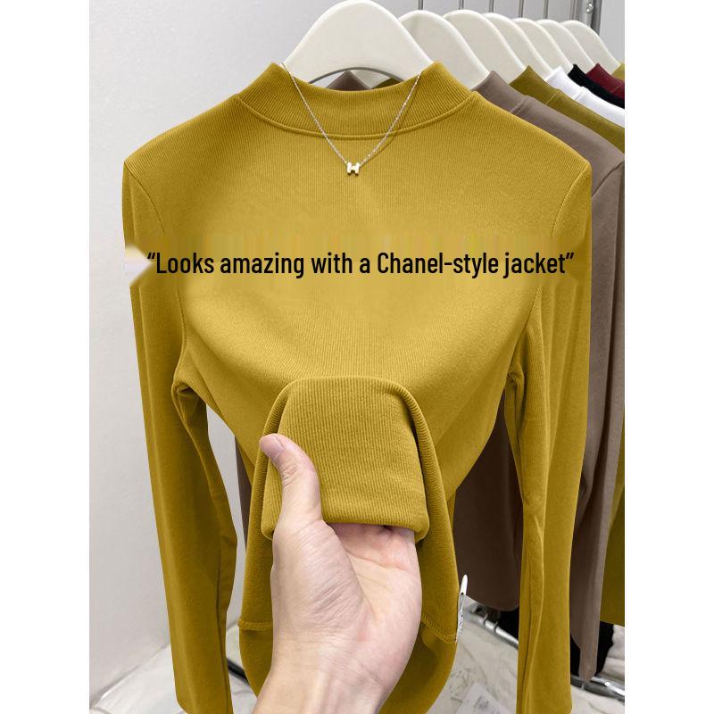 

Women s Ribbed Warm Brushed Long Sleeve Top - Solid Color, Semi-High Neck, Slim Fit, Autumn/Winter Wear 2XL (suggested 62.5-70 kg)