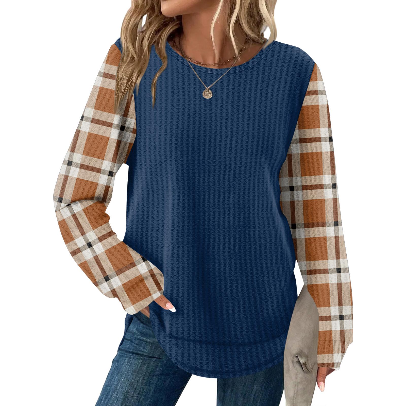 

Женский повседневный топ свободного кроя с круглым вырезом и длинными рукавами в клетку XL оранжевый