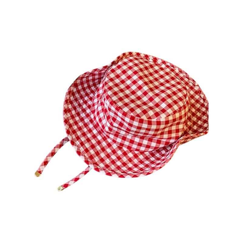 Japanese Style Sweet Gingham Basin Cap Adjustable Bucket Hat For Women And Men Soft Cotton Summer Sun Protection