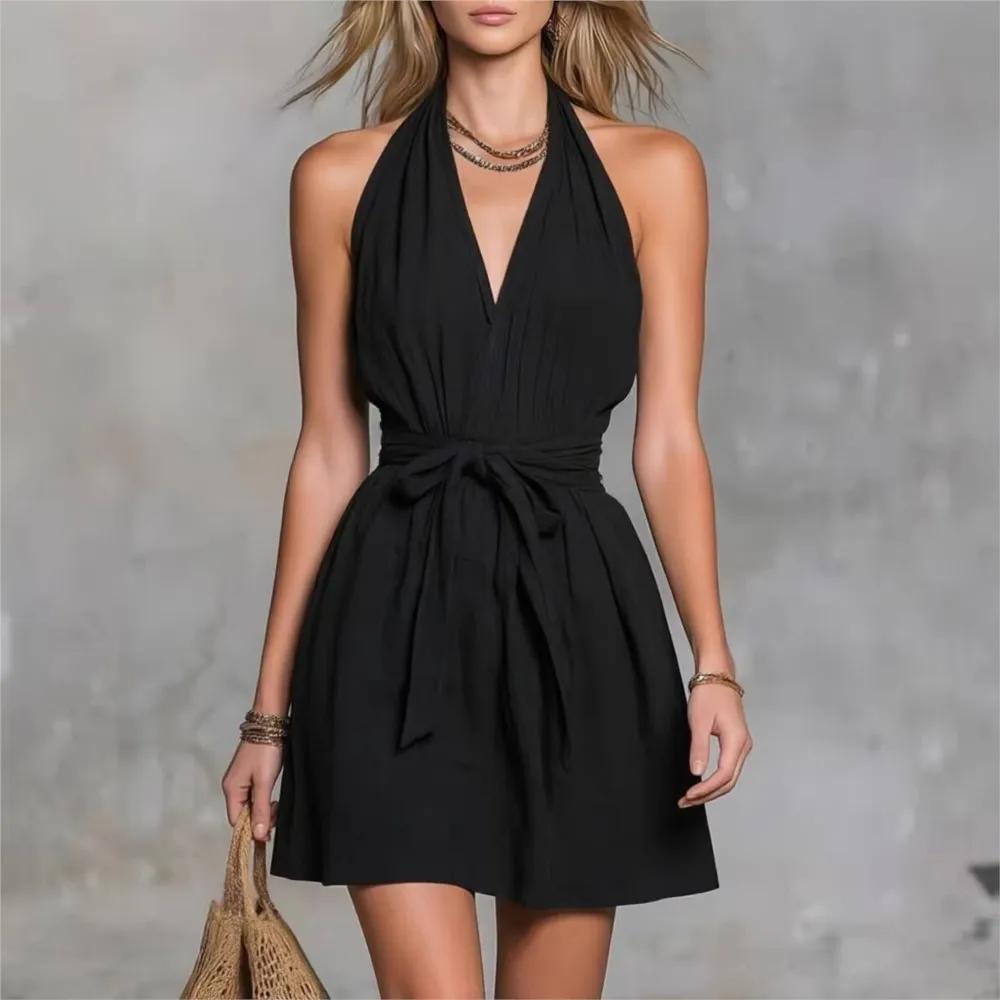 Sommer Neues Sexy Ausschnitt V-Ausschnitt Damen Figurbetontes Kleid mit Modischer Taille Kordelzug Einfarbige Lässige Urlaubsbekleidung Damen