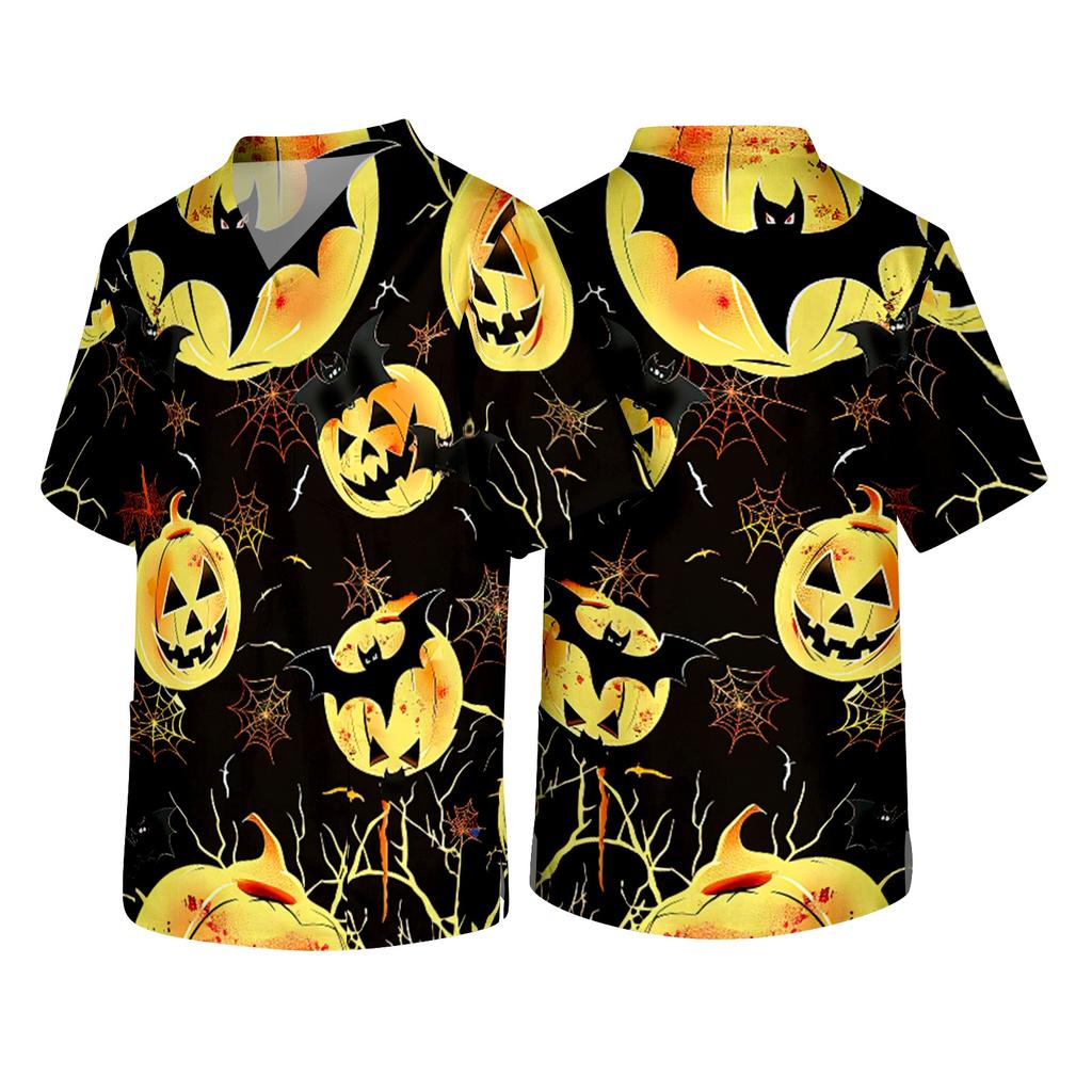 Men's V Neck Halloween Print Pocket Scrub Top Short Sleeve Medical Workwear Uniform Shirt for Healthcare Professionals