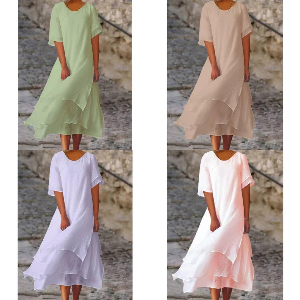 Vestido de Verano de Algodón y Lino de Doble Capa con Bloques de Color y Manga Corta de Cuello Redondo para Uso Casual