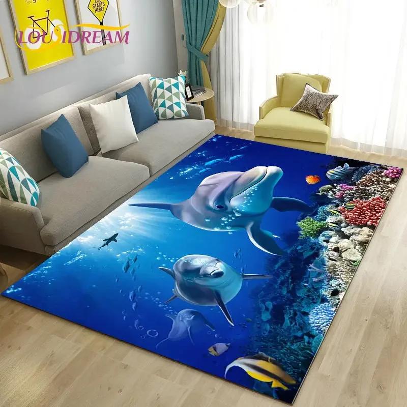 Seabed Illusion Underwater World  Dolphin Shark  Area Rug ,Carpet Rug for Living Room Bedroom Sofa Doormat Non-slip Floor Mat