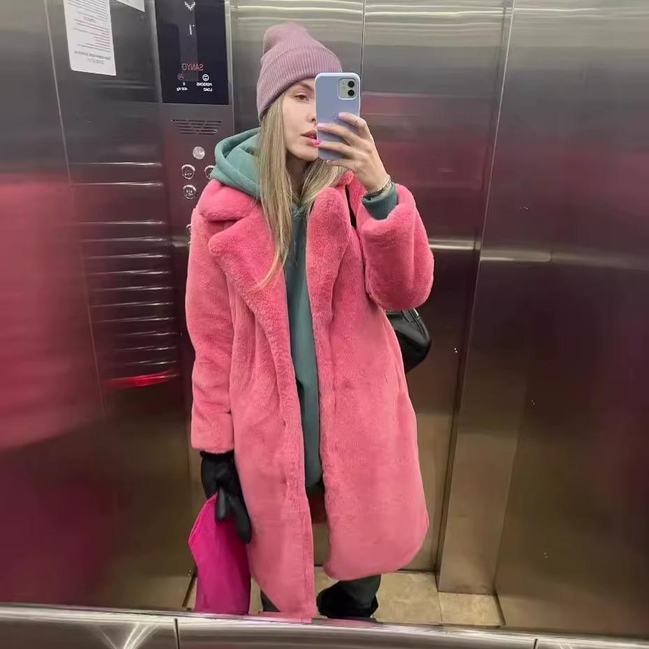 Winter Women High Quality Faux Rabbit Fur Coat Luxury Long Fur Coat Loose Lapel OverCoat Thick Warm Plus Size Female Plush Coats